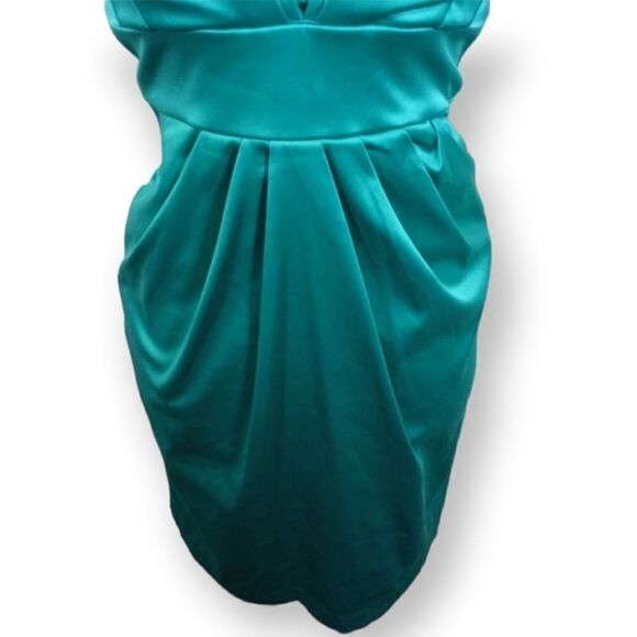 LOVE TEASE TURQUOISE SATIN STRAPLESS DRESS W/POCKETS SZ.11 EUC - Picture 3 of 6